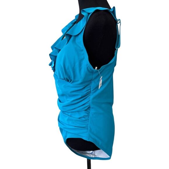 New DKNY Blue Ruffle Plunge Underwire Tummy Control One-Piece Swimsuit Size 16 - Picture 3 of 7